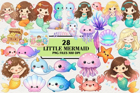 Download Kawaii Little Mermaid Clipart Bundle - Mermaid clipart Collection